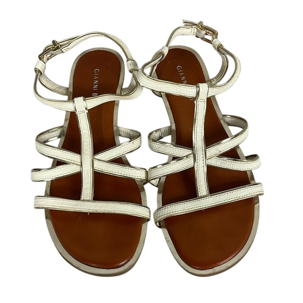 Gianni Bini Strappy Sandals White‎ Gold Womens Size 9.5M Flat Buckle Adjustable